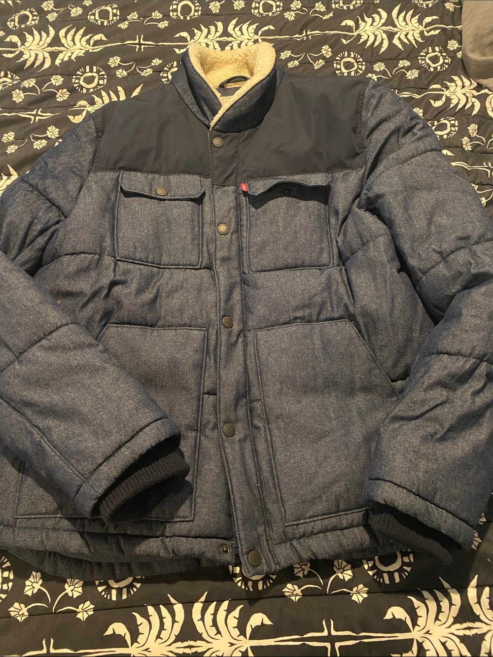Men's Blue Puffer Jacket with Sherpa Collar